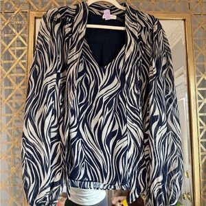 Ramy Brook Zebra Print Blouse in Navy and Cream 100% Silk Fully Lined